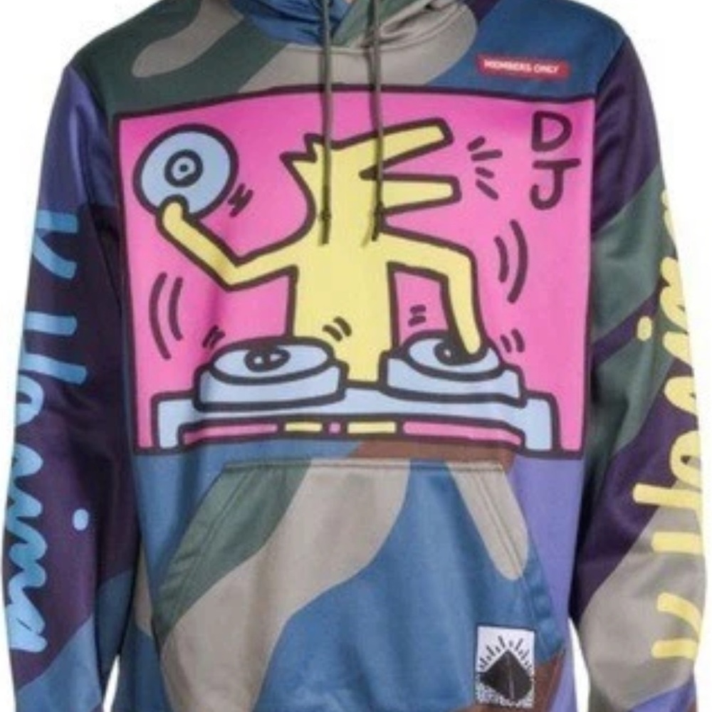 Keith Haring Members Only Collab Colorful Graphic Hoodie with DJ Design